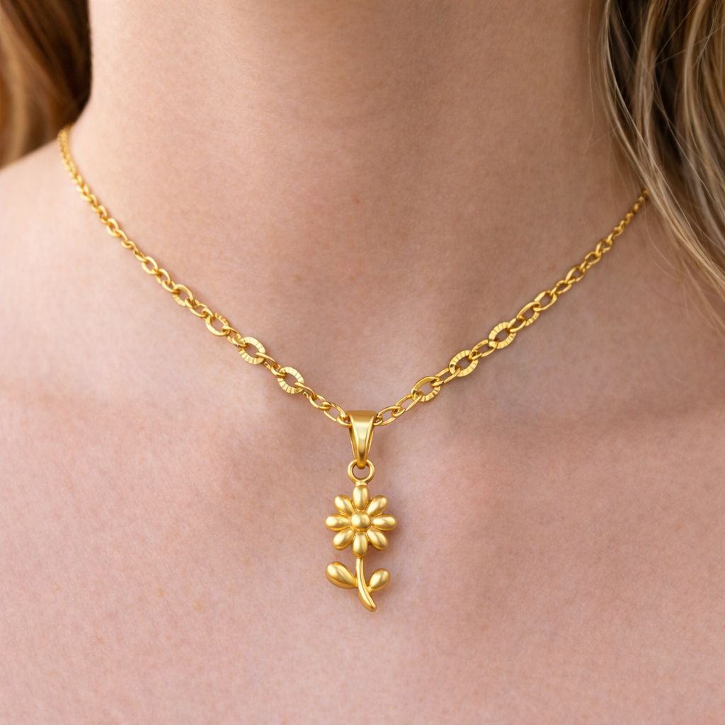 Flower Charm Necklace – Double Chain 18K Gold Plated Stainless Steel