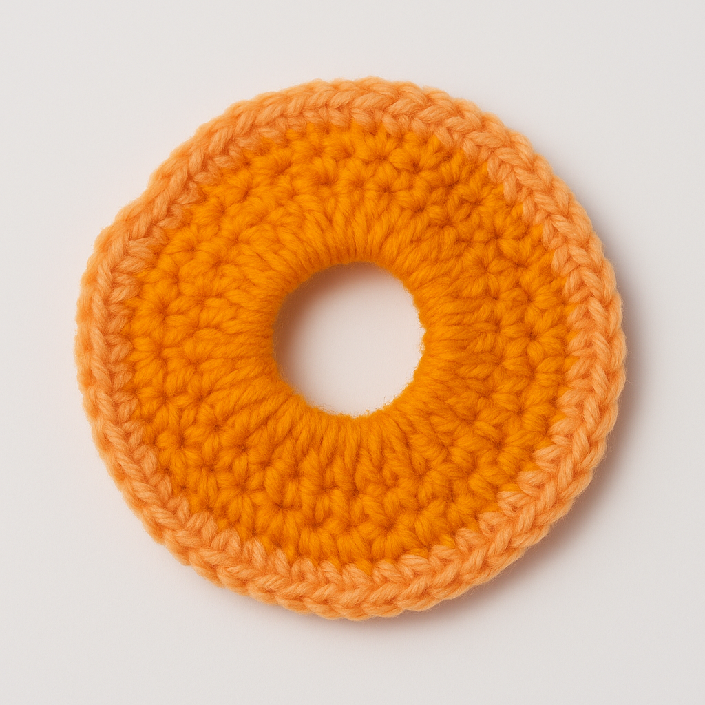 Orange crocheted donut-shaped item on a light gray background