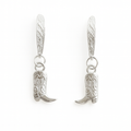 Silver cowboy boot earrings on a white background