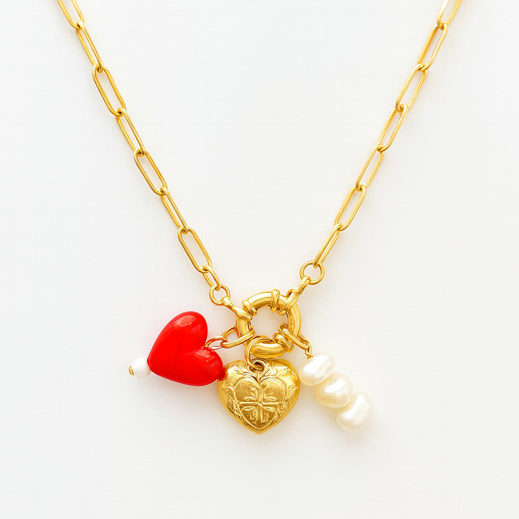 Locked with Love Necklace – Heart Lock, Red Charm & Pearls