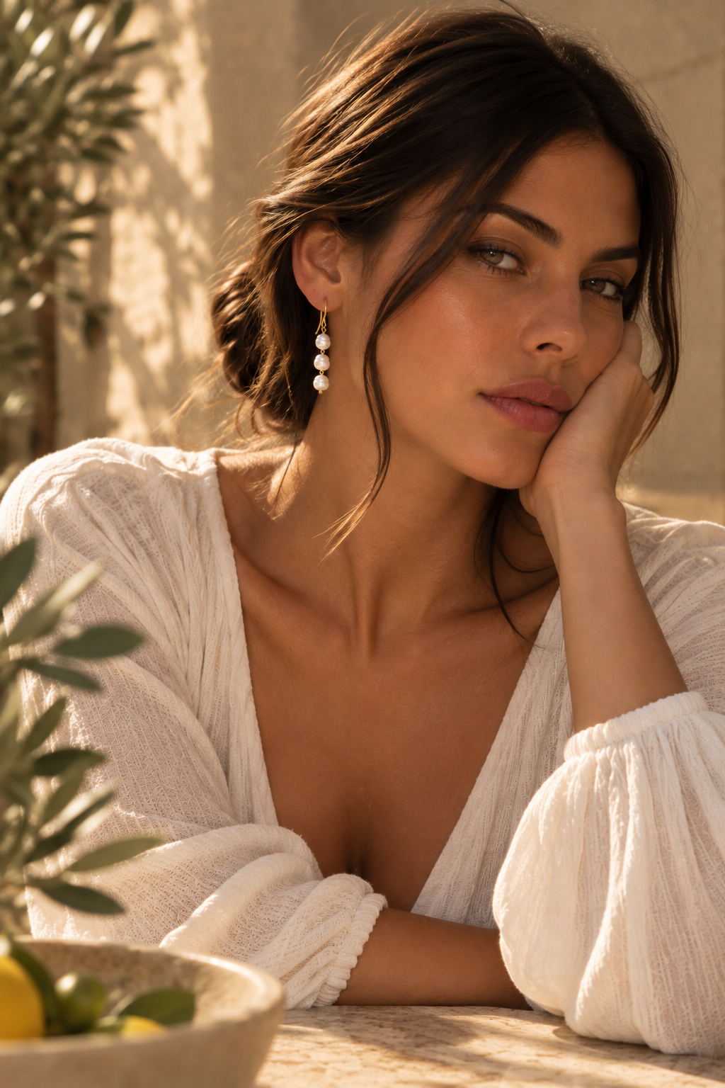 A woman in a white textured blouse resting her head on her hand, wearing delicate white pearl drop earrings in a warm, sunlit outdoor setting.