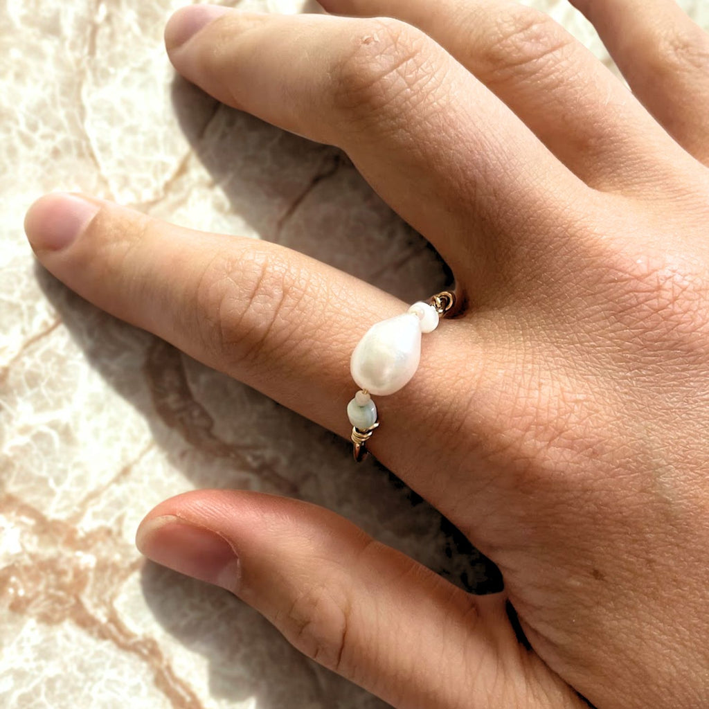 Handmade Gold or Silver-Plated Ring with Baroque Pearl & Seashell Beads-Statement rings