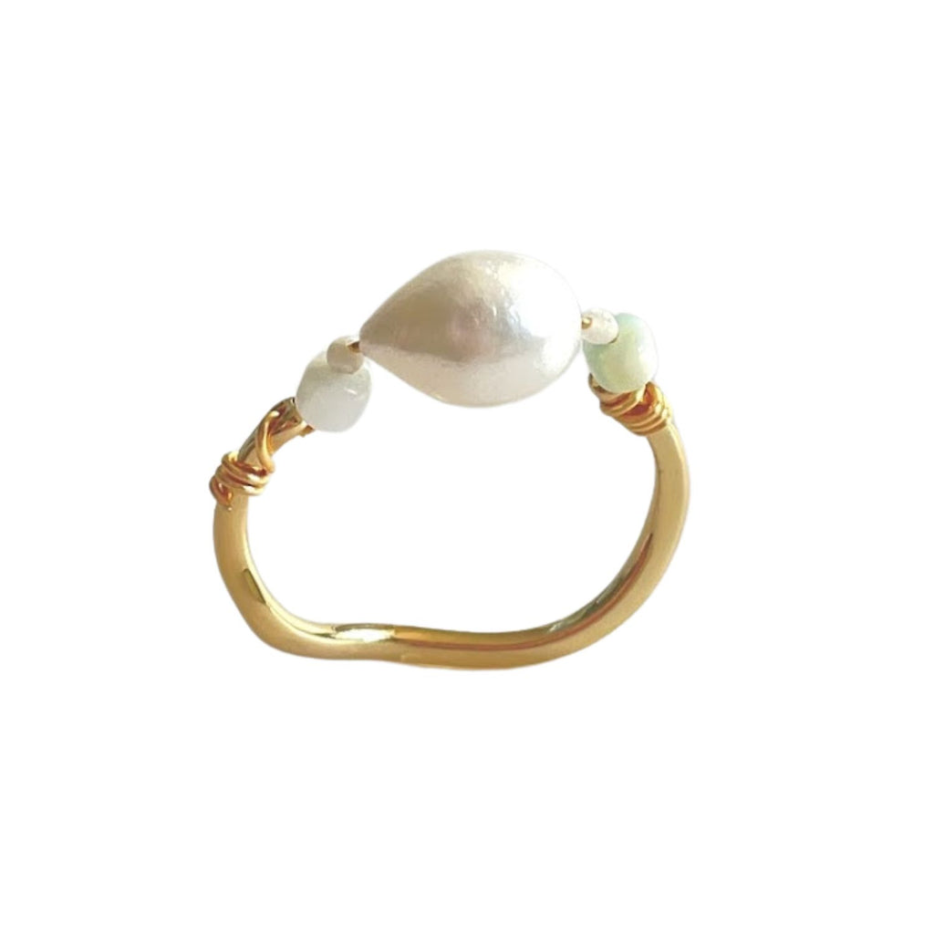 Handmade Gold or Silver-Plated Ring with Baroque Pearl & Seashell Beads-Statement rings