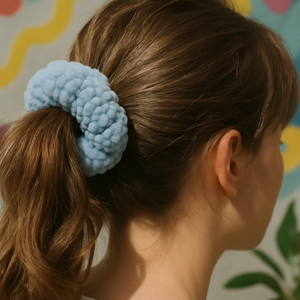 Person with brown hair tied in a ponytail with a blue scrunchie, against a colorful abstract background.