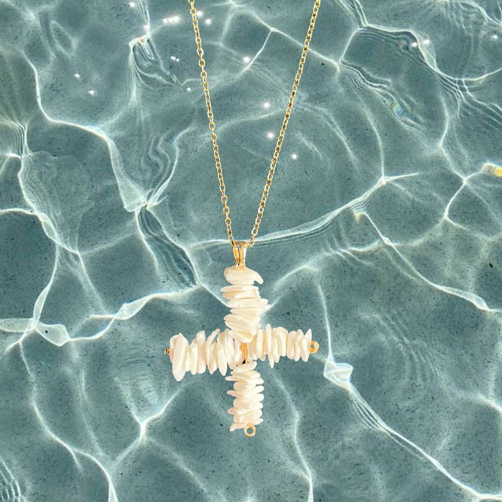 Costa- Mar Shell Cross – Handmade Statement Necklace in 18k Gold