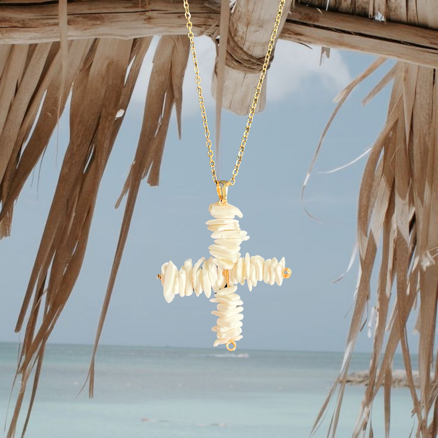Costa- Mar Shell Cross – Handmade Statement Necklace in 18k Gold