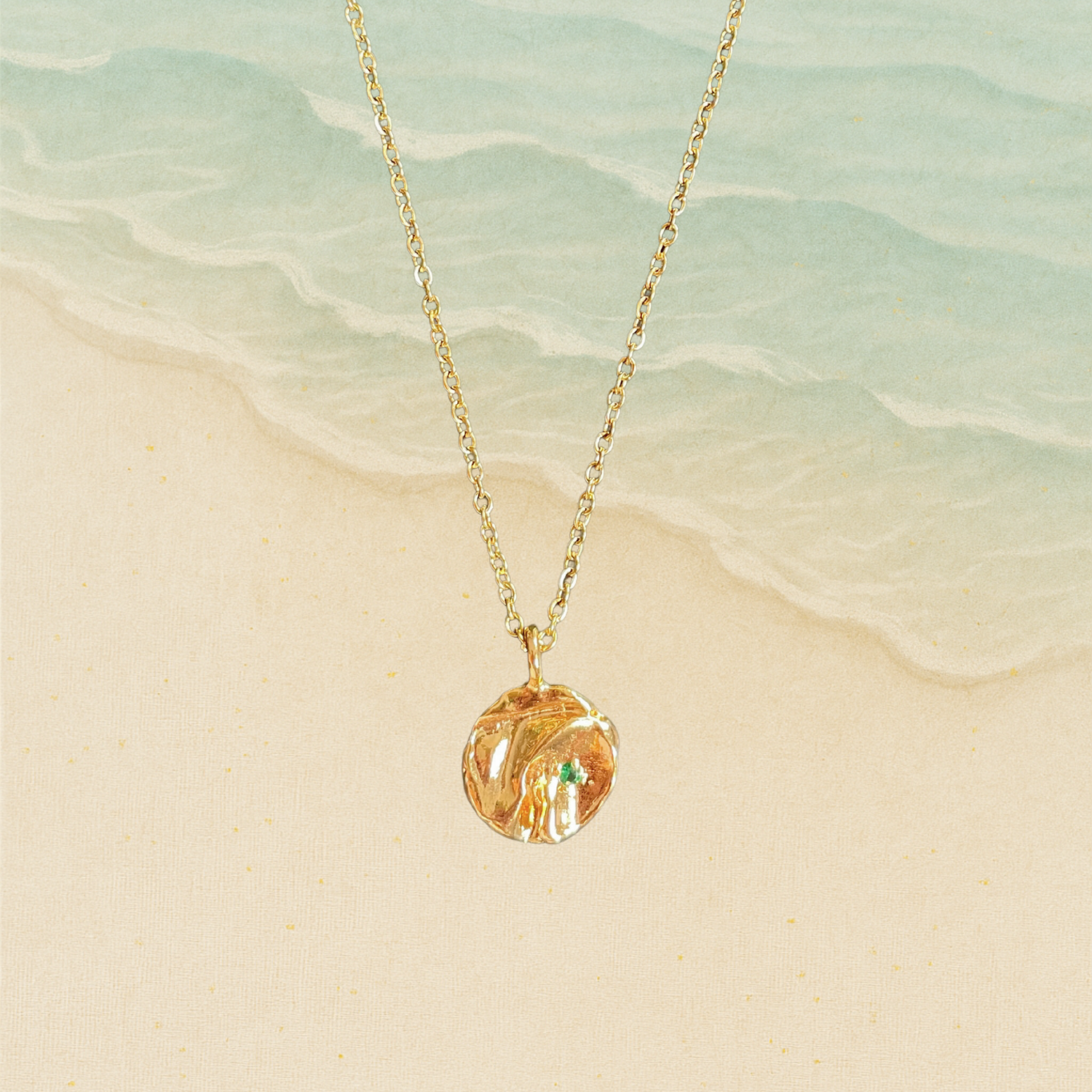 Helena- Organic Gold Pendant Necklace with Green Zirconia