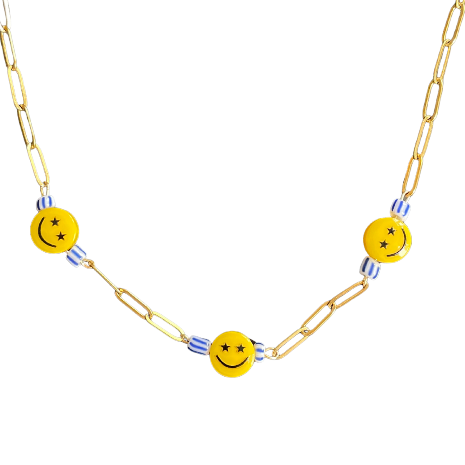 Smile – Playful Smiley Face Necklace with Striped Beads (Gold)