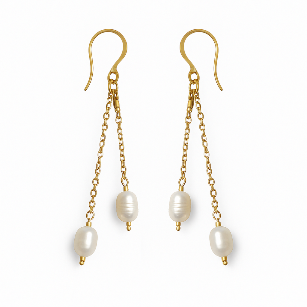 Brisa Larga – Long Freshwater Pearl Earrings with 18K Gold Plated Chain