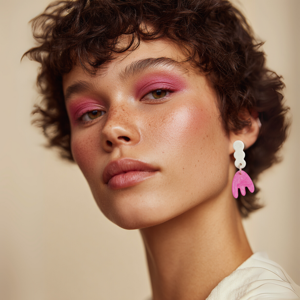 Close-up of a person with pink eyeshadow and earrings on a beige background