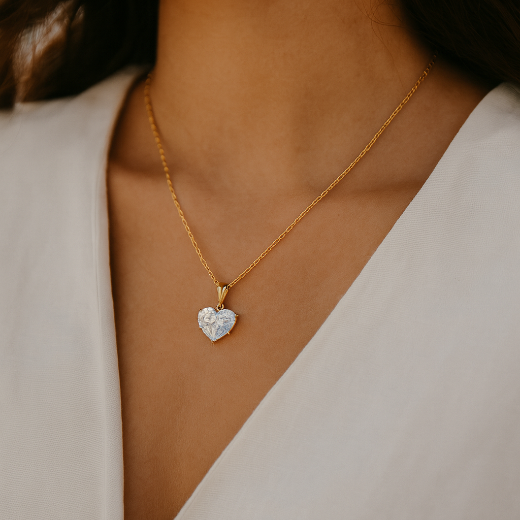 Diamond Heart Necklace – 18K Gold Plated Chain with Cubic Zirconia Crystal Heart