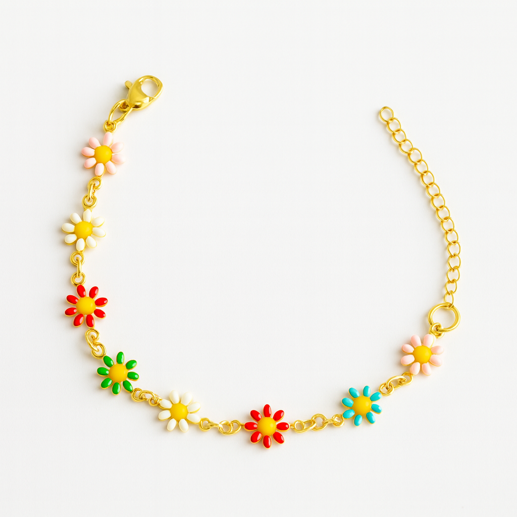 Gold chain bracelet with colorful flower charms on a white background