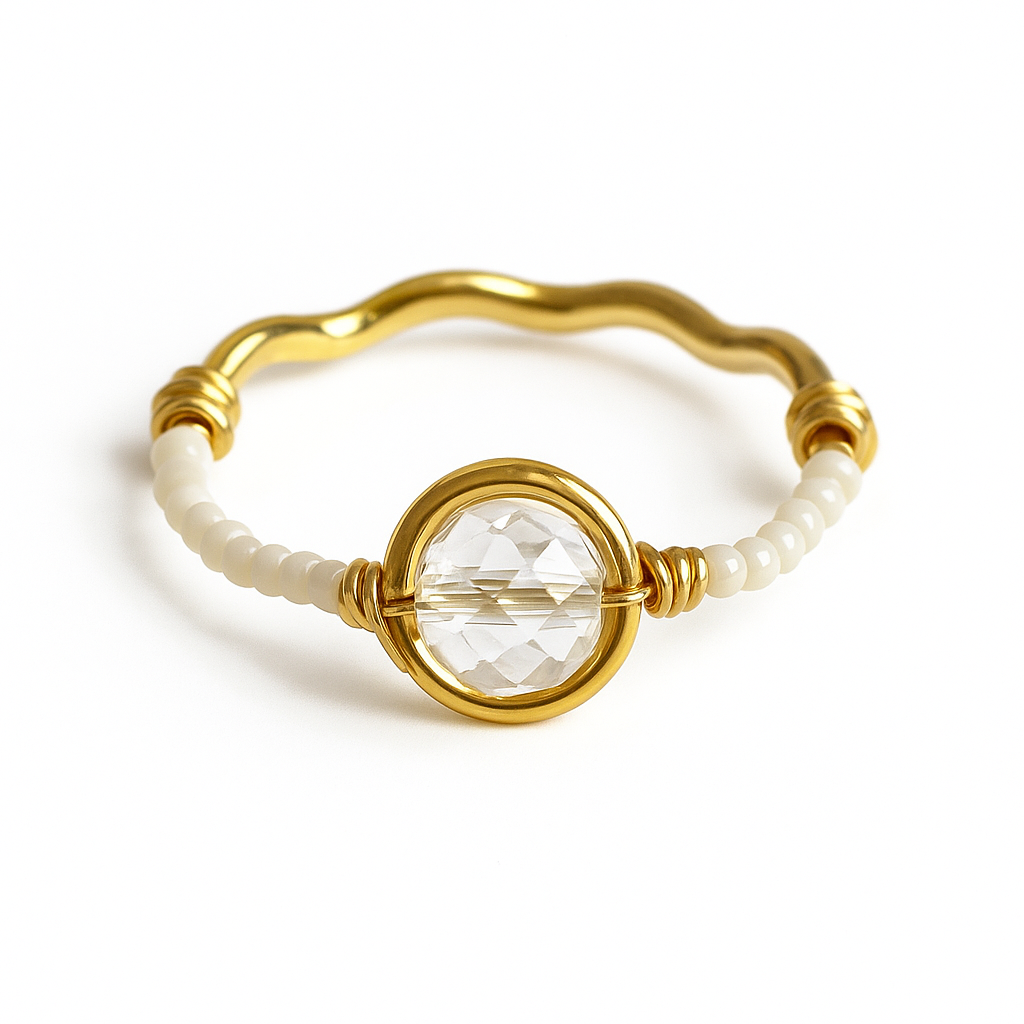 White Gemstone Beads & Crystal Ring