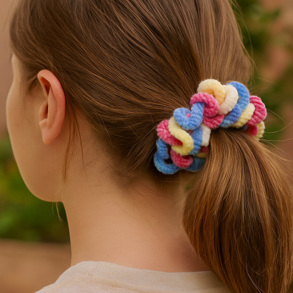 Handmade Crochet Scrunchie – Colourful Wool Hair Accessory