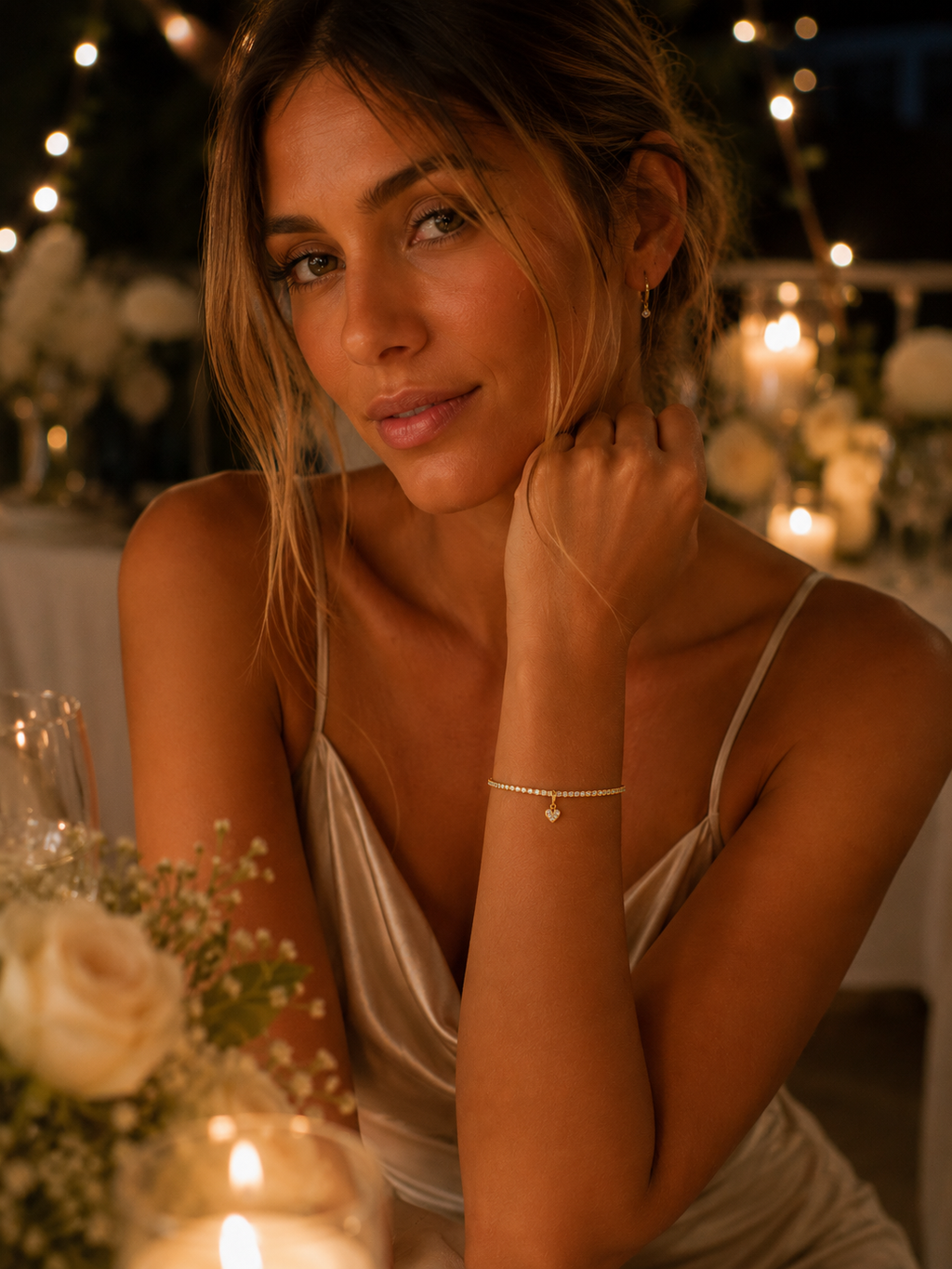 Gold Tennis Bracelet with Heart Charm