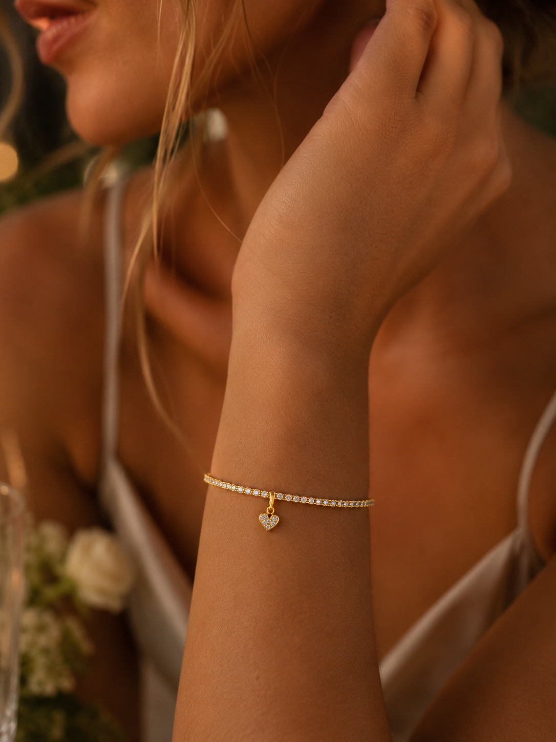 Gold Tennis Bracelet with Heart Charm