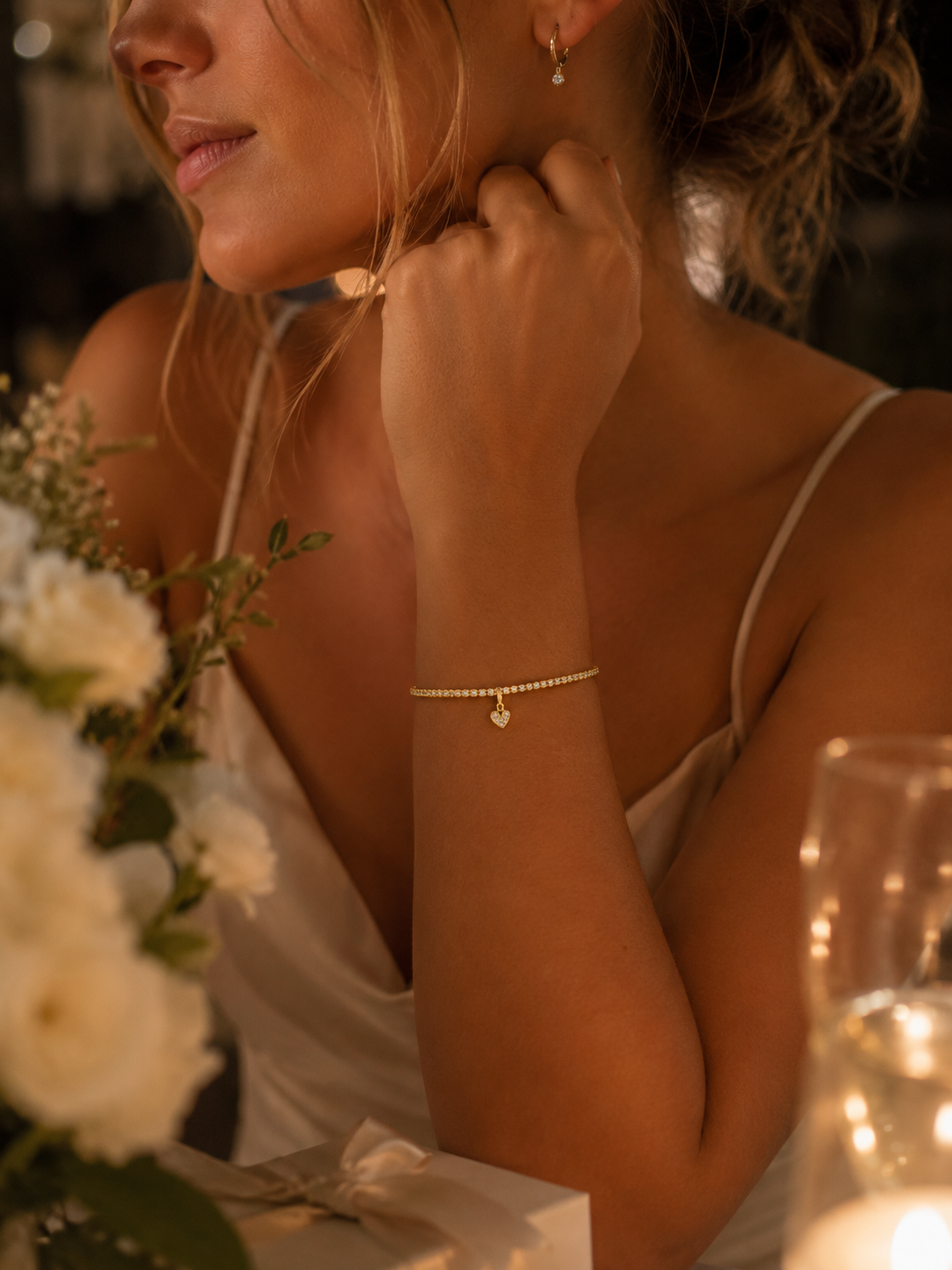 Gold Tennis Bracelet with Heart Charm