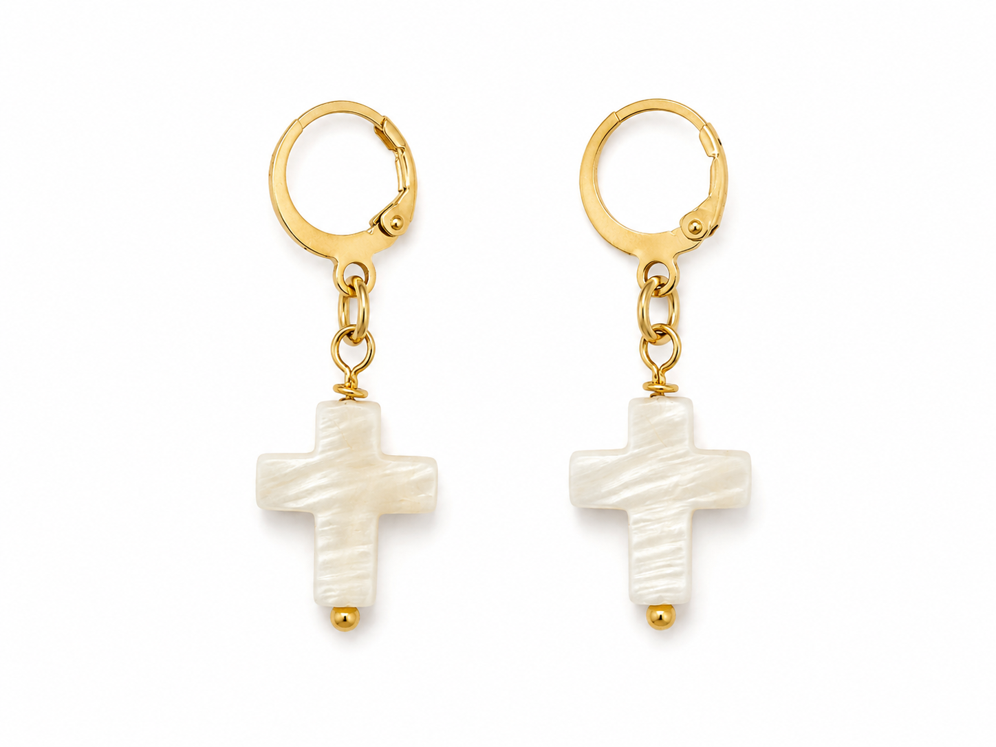 Arla Mother of Pearl Cross Huggie Earrings – 18k Gold