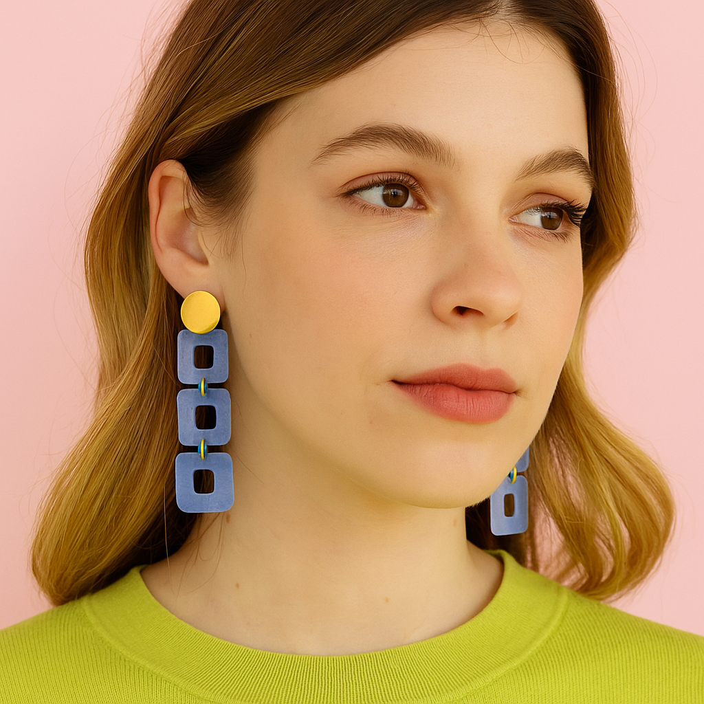 Woman wearing colorful earrings against a pink background