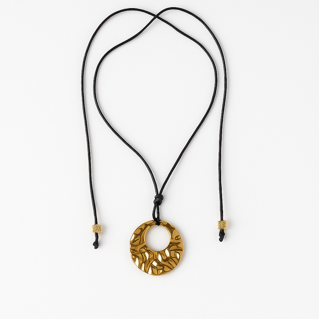 Adjustable Black Cord Necklace with Gold Textured Circle Pendant