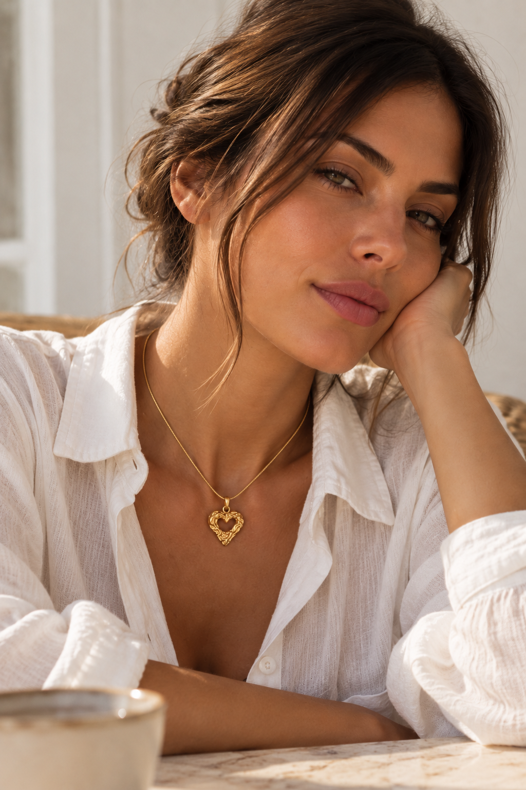 A woman in a white button-up shirt resting her head on her hand, wearing a delicate gold heart pendant necklace in a warm, sunlit setting.