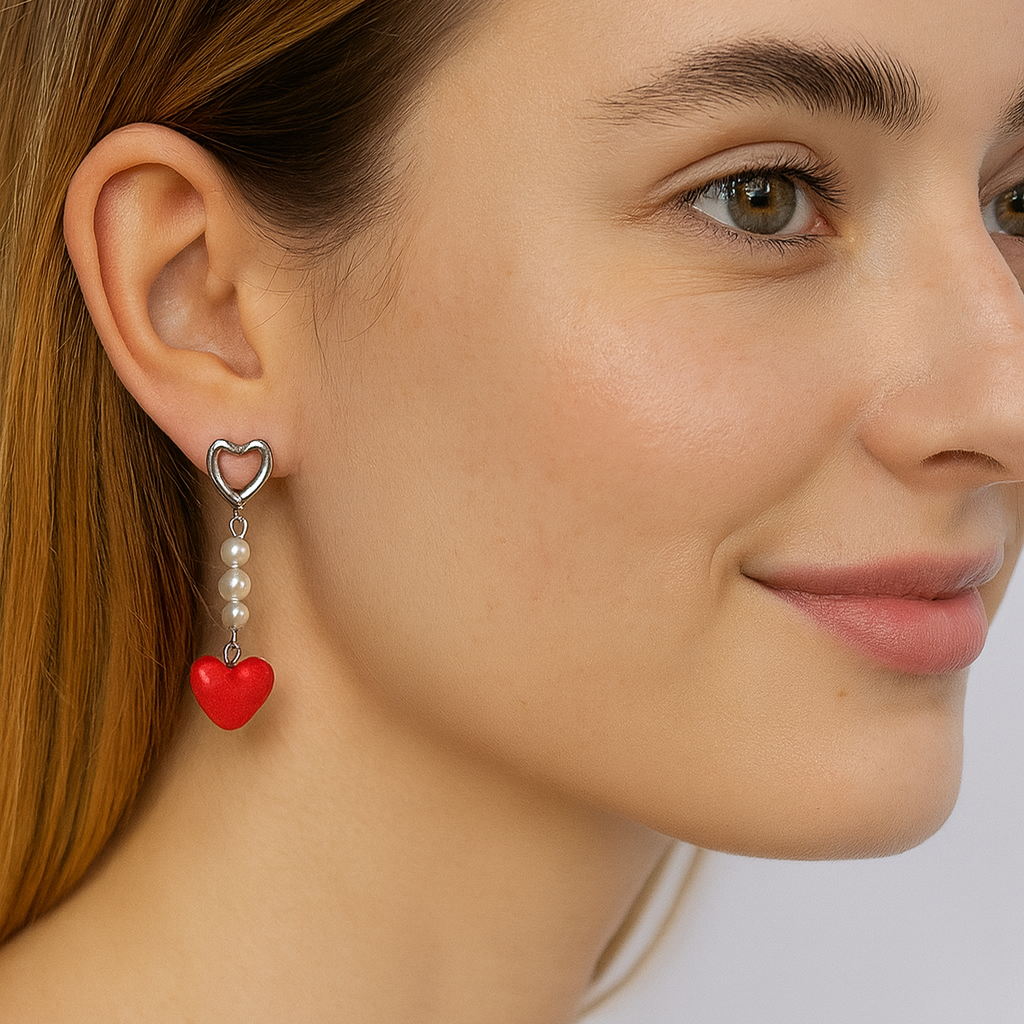 Close-up of a woman wearing a heart-shaped earring with a pearl and red heart detail.