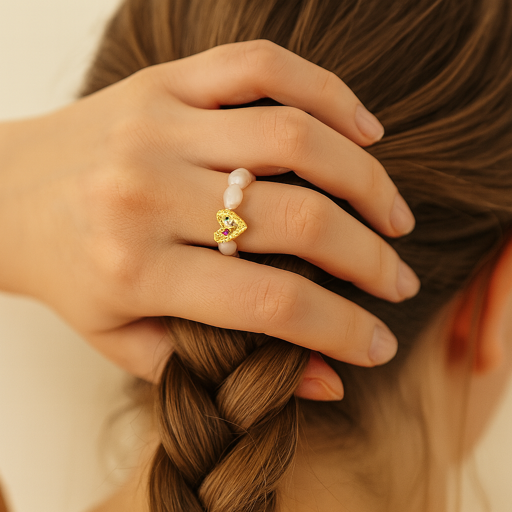 Close-up of a hand with a gold ring on a braided hairstyle.