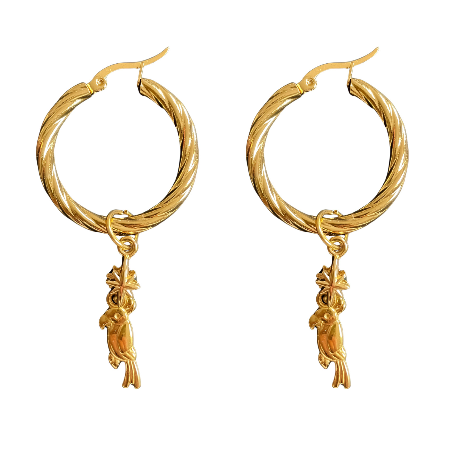 Tropico – Twisted Gold Hoops with Parrot Charm (La Playa Edit)