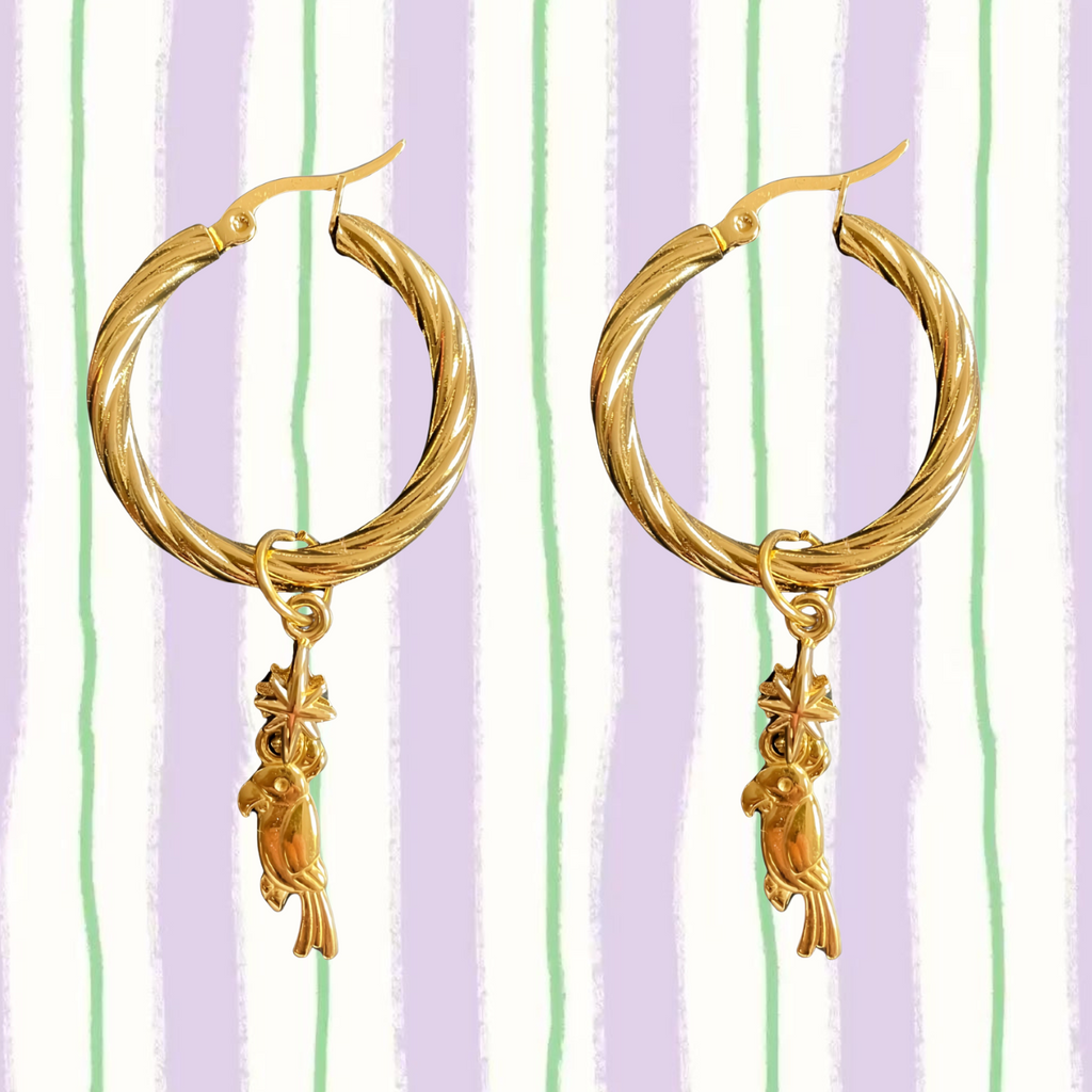 Tropico – Twisted Gold Hoops with Parrot Charm (La Playa Edit)