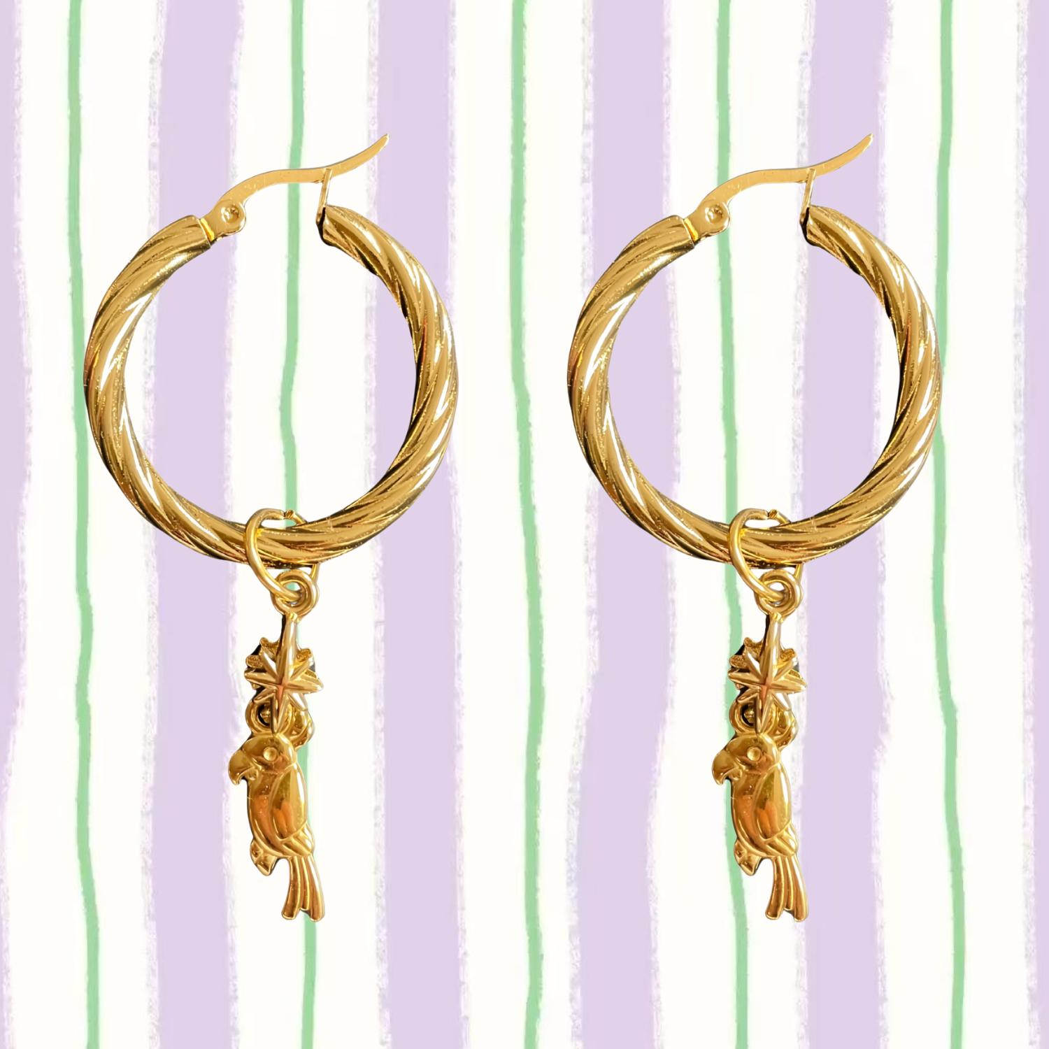 Tropico – Twisted Gold Hoops with Parrot Charm (La Playa Edit)