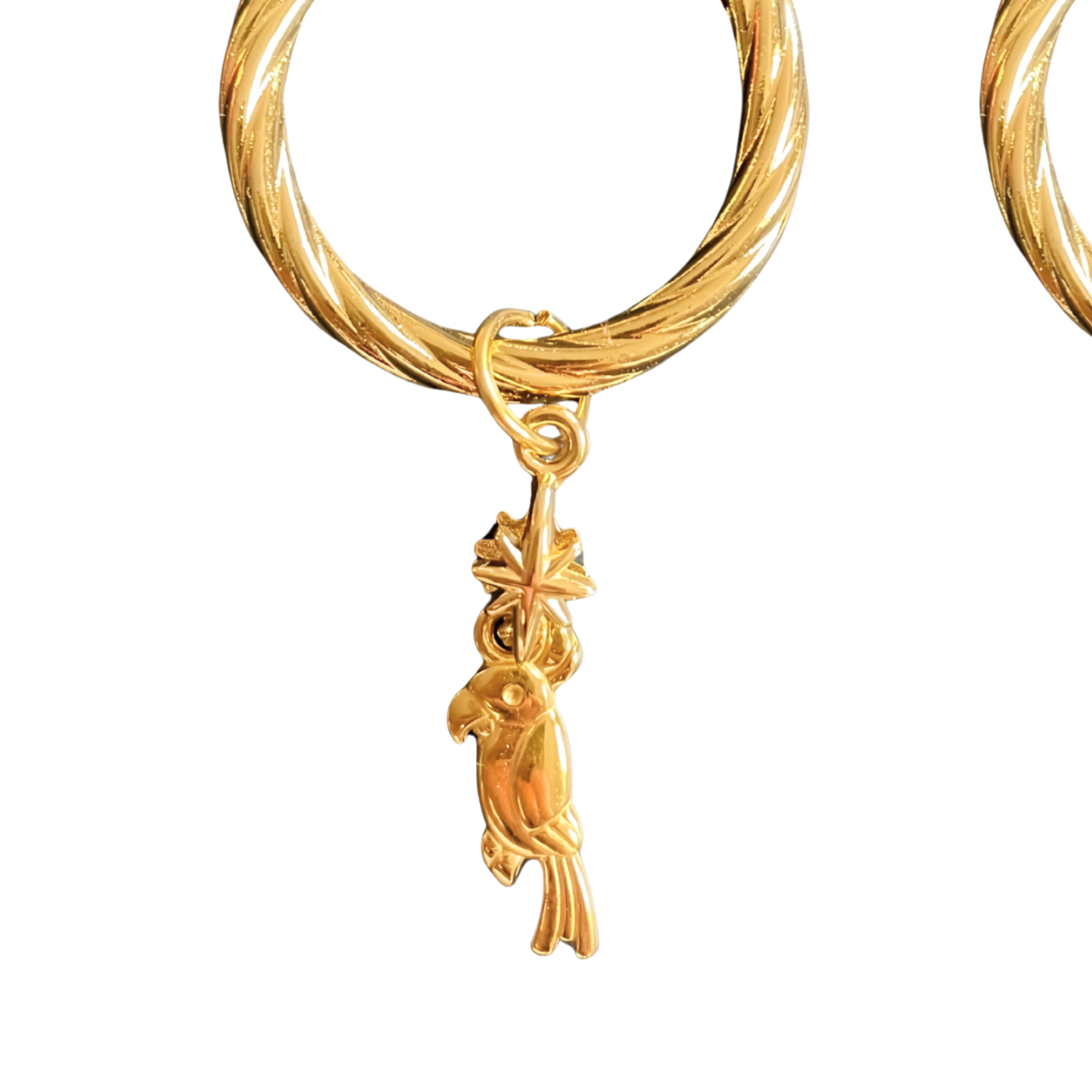 Tropico – Twisted Gold Hoops with Parrot Charm (La Playa Edit)