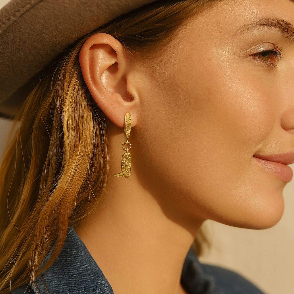 Close-up of a woman wearing gold earrings with a neutral background