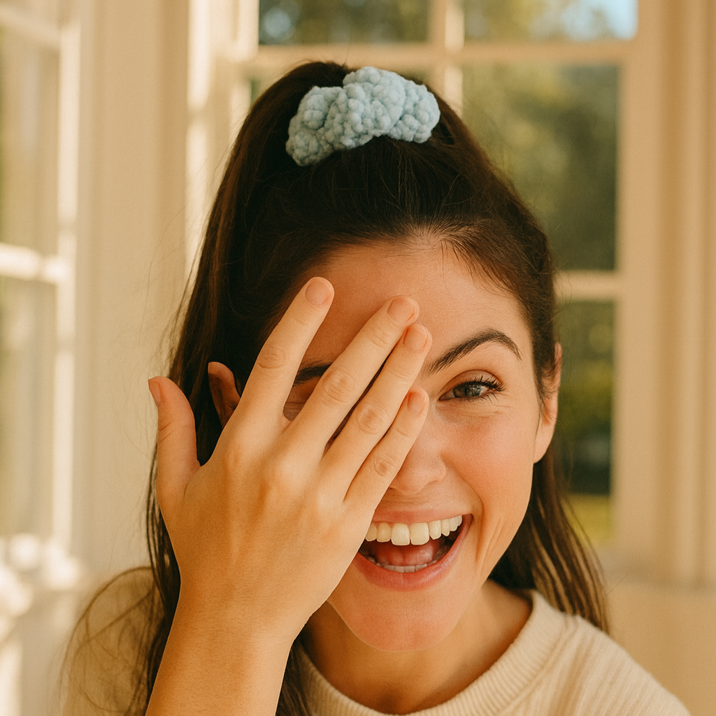 Woman with a floral hair accessory laughing indoors