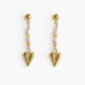 Pair of gold heart-shaped earrings with colorful beads on a white background
