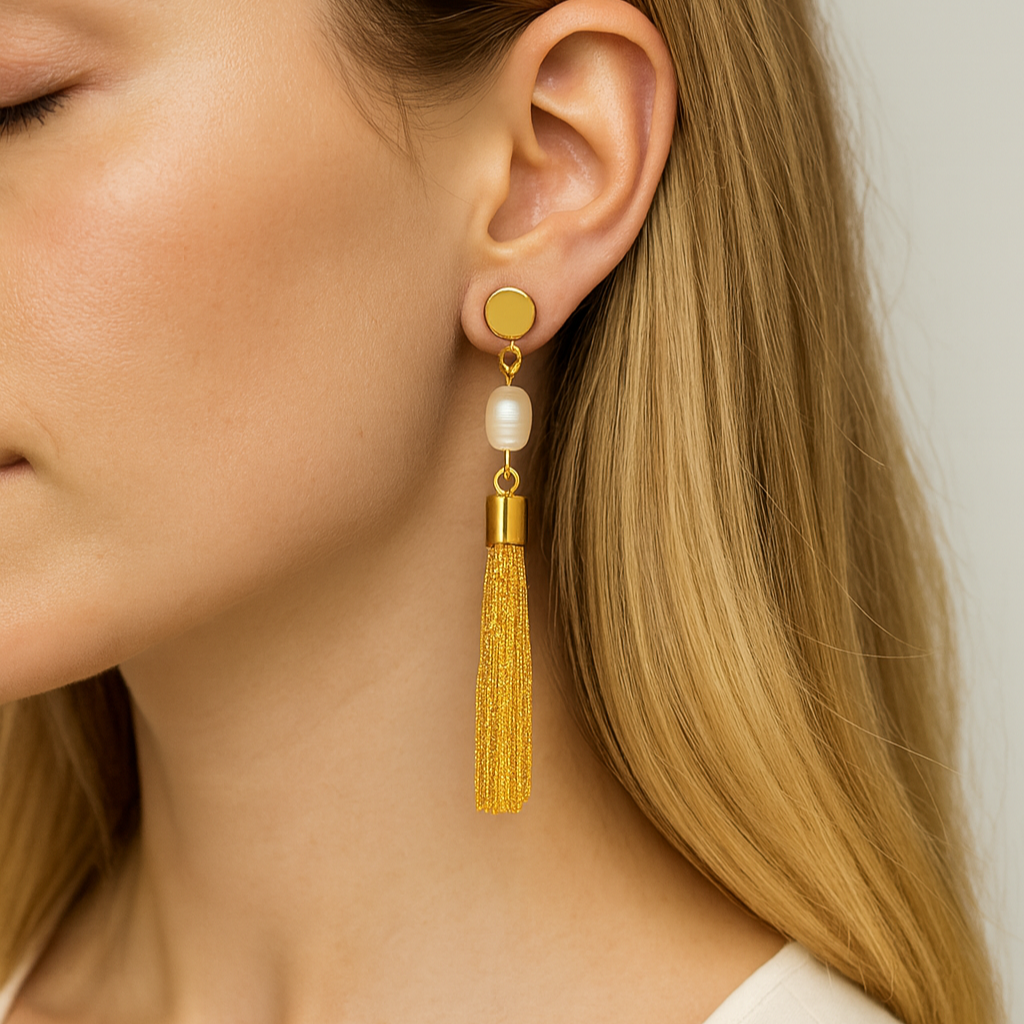 Close-up of a woman wearing a gold earring with a yellow tassel and pearl accent.
