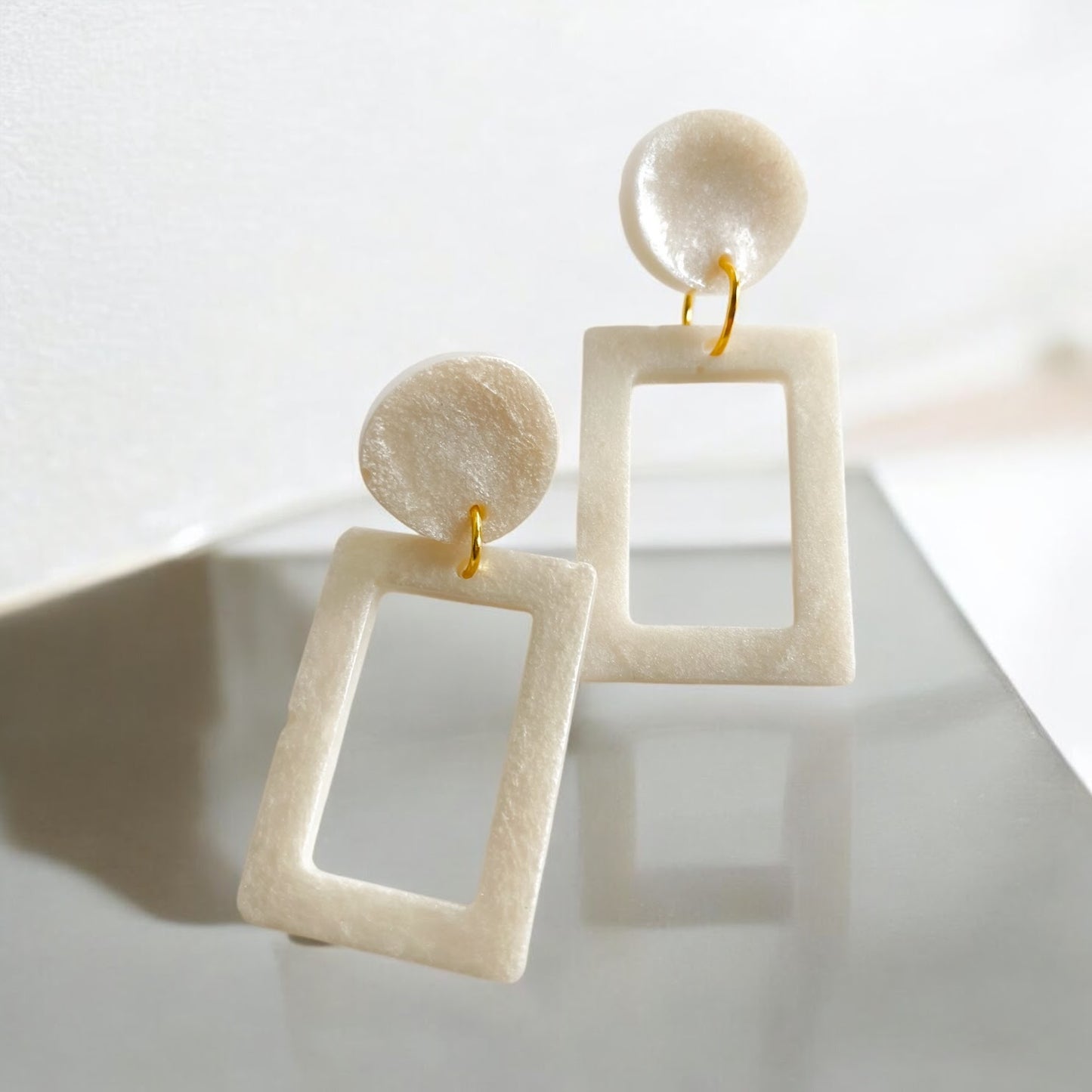 Barbie - Classic Playful Handmade Pearlescent White Resin Earrings - Gold - Plated Stainless Steel - lucy andy jewellery