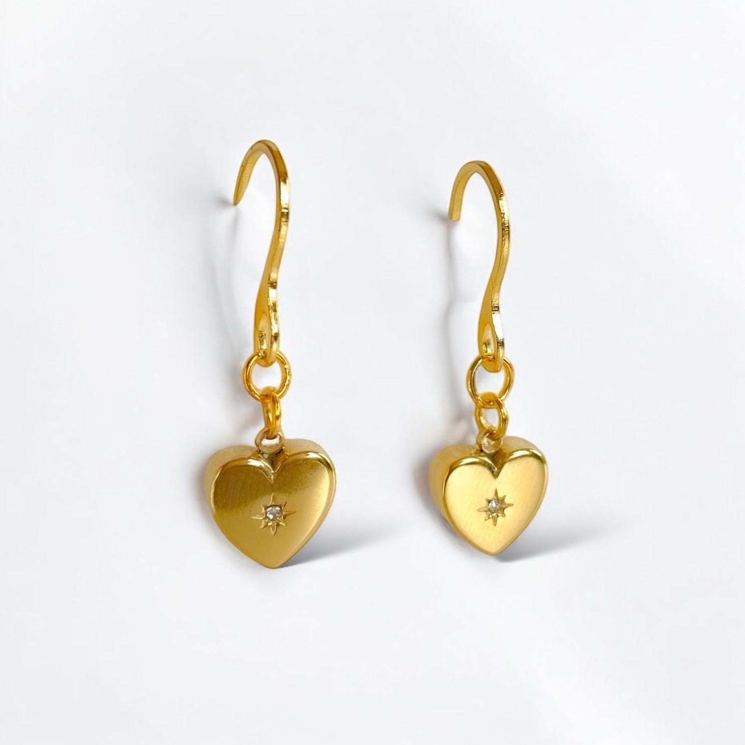 24k Gold-Plated Stainless Steel Heart Earrings with Cubic Zirconia - Hypoallergenic and Waterproof