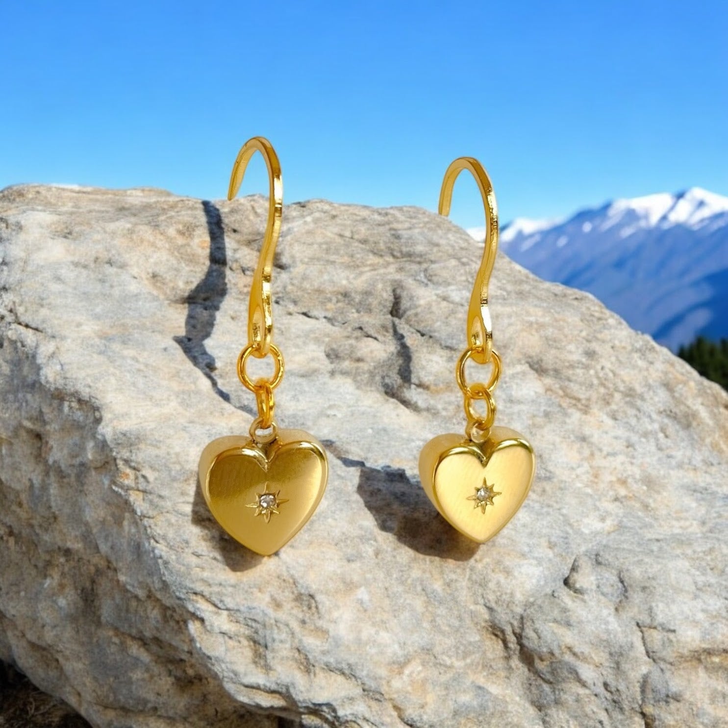 24k Gold-Plated Stainless Steel Heart Earrings with Cubic Zirconia - Hypoallergenic and Waterproof