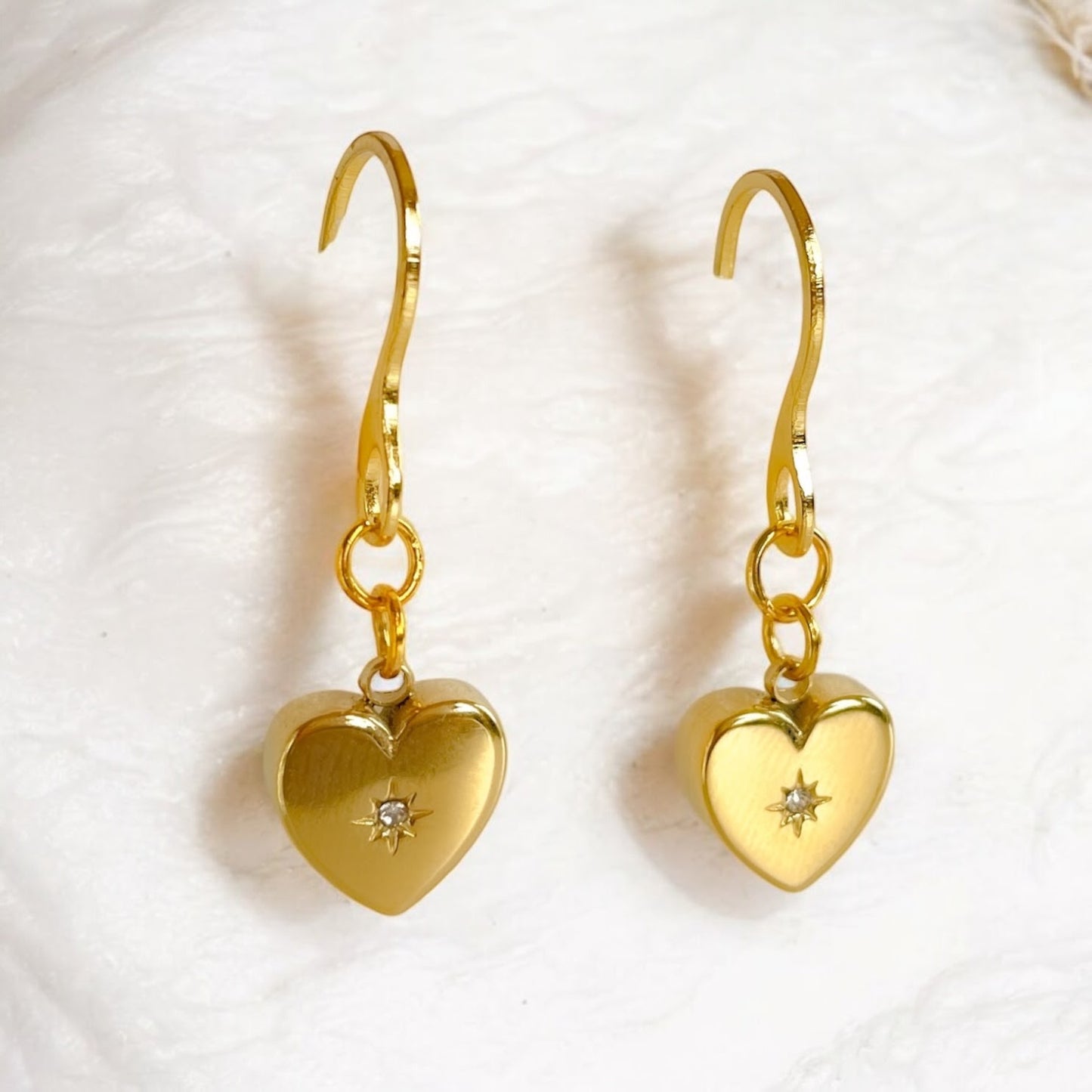 24k Gold - Plated Stainless Steel Heart Earrings with Cubic Zirconia - Hypoallergenic and Waterproof - lucy andy jewellery