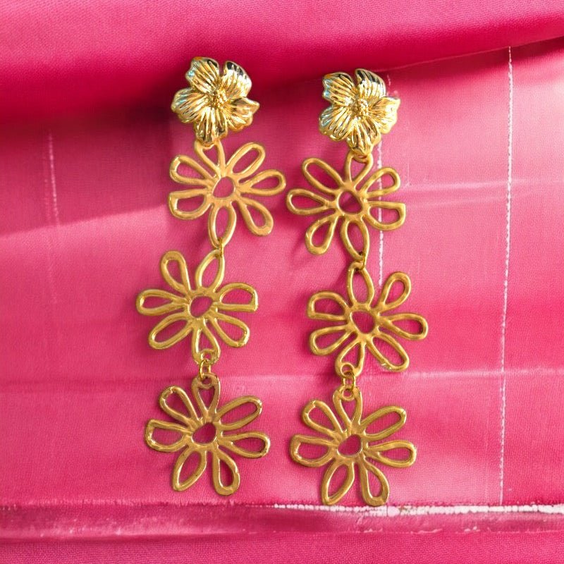 18k Gold - Plated Stainless Steel Dangle Earrings with Handmade Flower Stud - 8cm Hypoallergenic - lucy andy jewellery