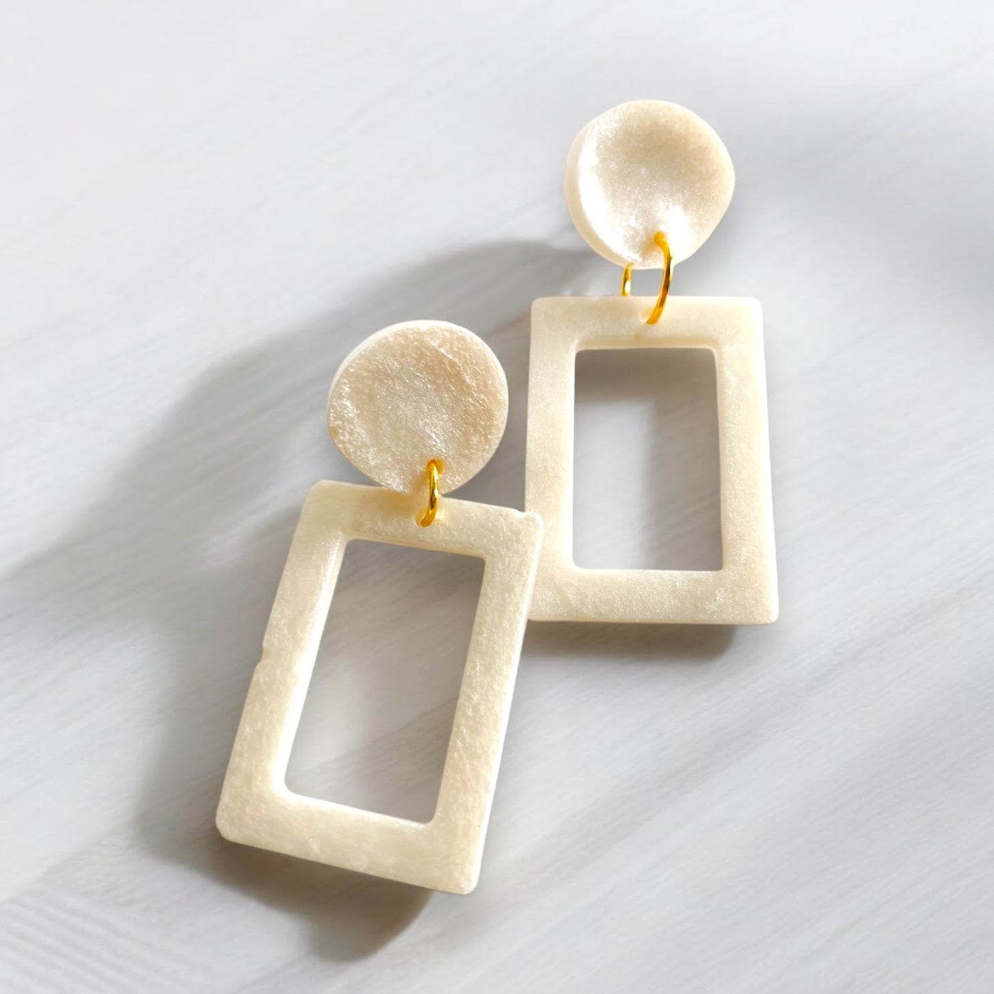 Barbie - Classic Playful Handmade Pearlescent White Resin Earrings - Gold - Plated Stainless Steel - lucy andy jewellery