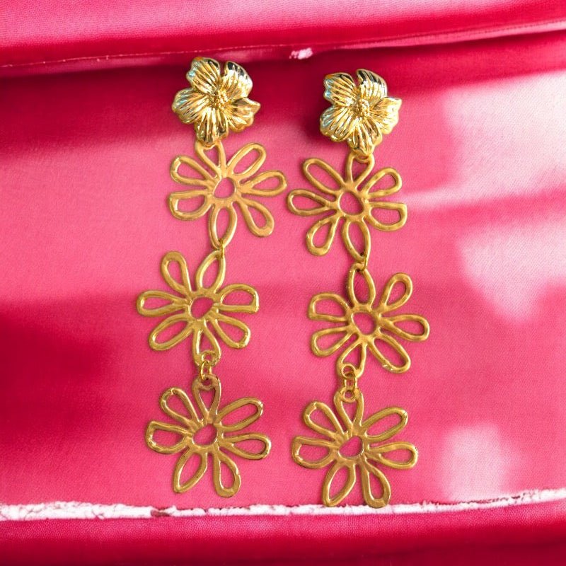 18k Gold - Plated Stainless Steel Dangle Earrings with Handmade Flower Stud - 8cm Hypoallergenic - lucy andy jewellery