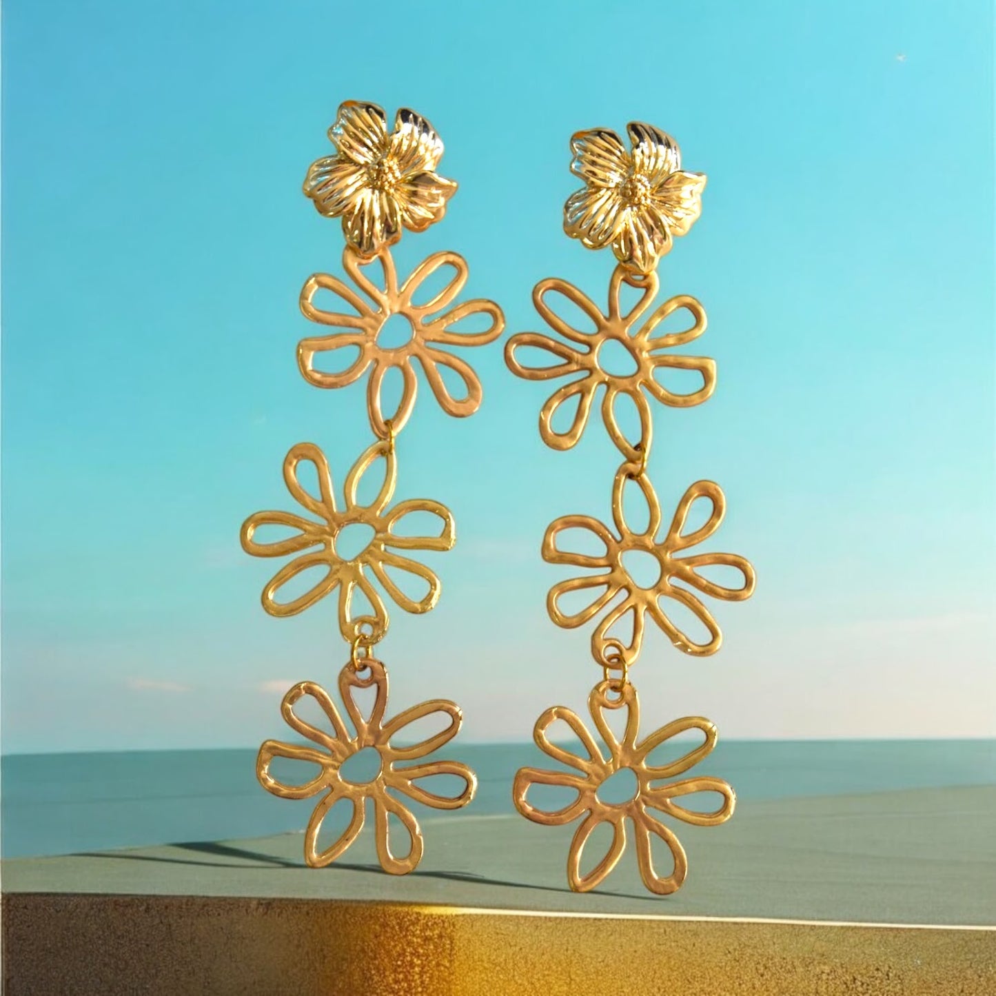 18k Gold - Plated Stainless Steel Dangle Earrings with Handmade Flower Stud - 8cm Hypoallergenic - lucy andy jewellery