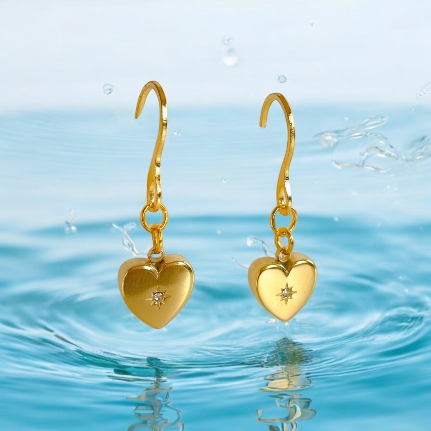 24k Gold - Plated Stainless Steel Heart Earrings with Cubic Zirconia - Hypoallergenic and Waterproof - lucy andy jewellery