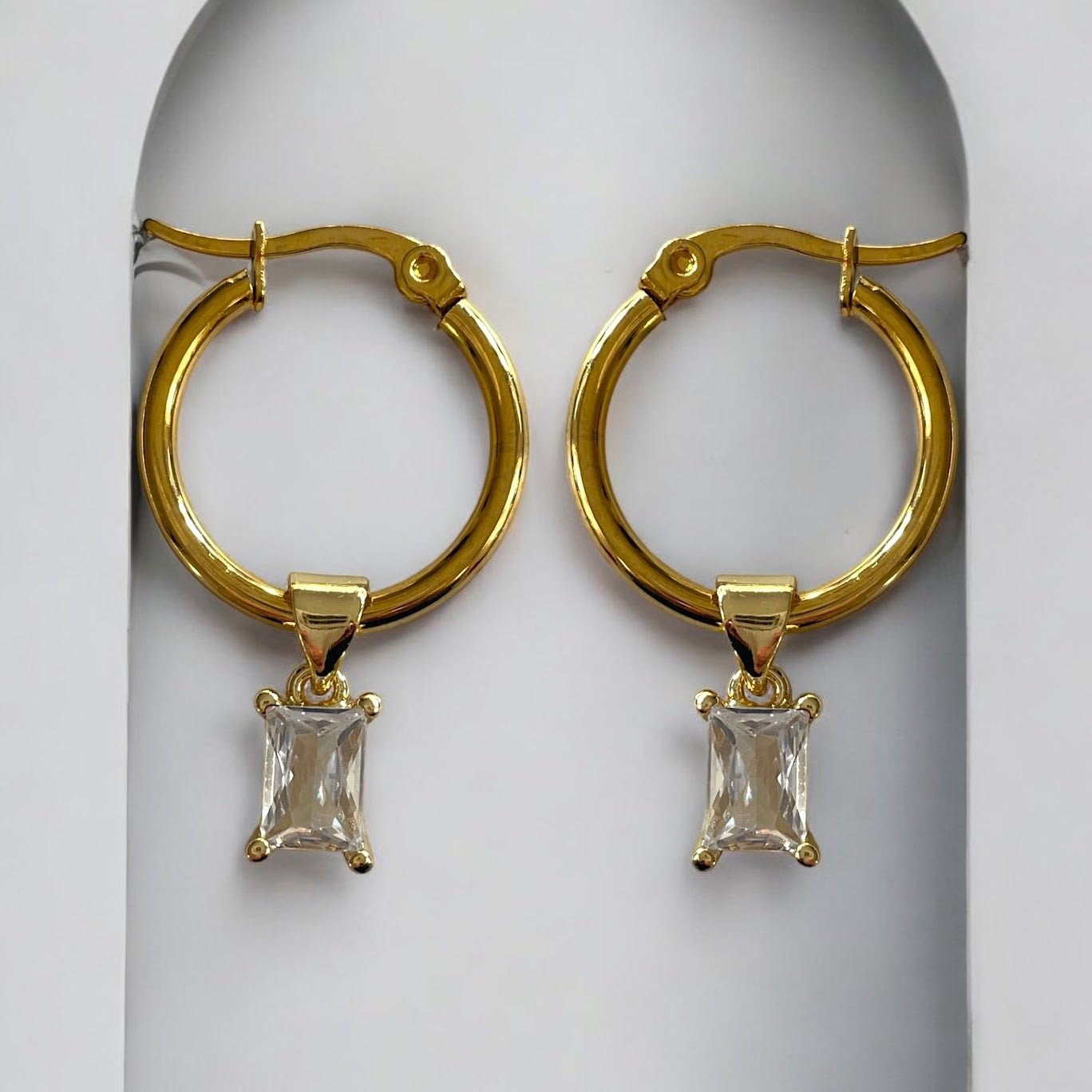 18K Gold Plated Stainless Steel Hoops with Cubic Zirconia Diamond - Baroque Design - lucy andy jewellery