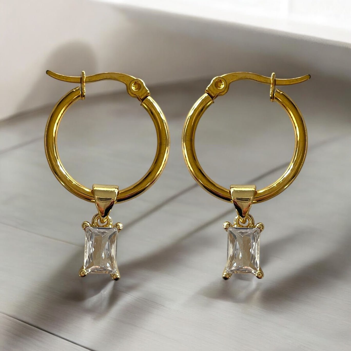 18K Gold Plated Stainless Steel Hoops with Cubic Zirconia Diamond - Baroque Design - lucy andy jewellery