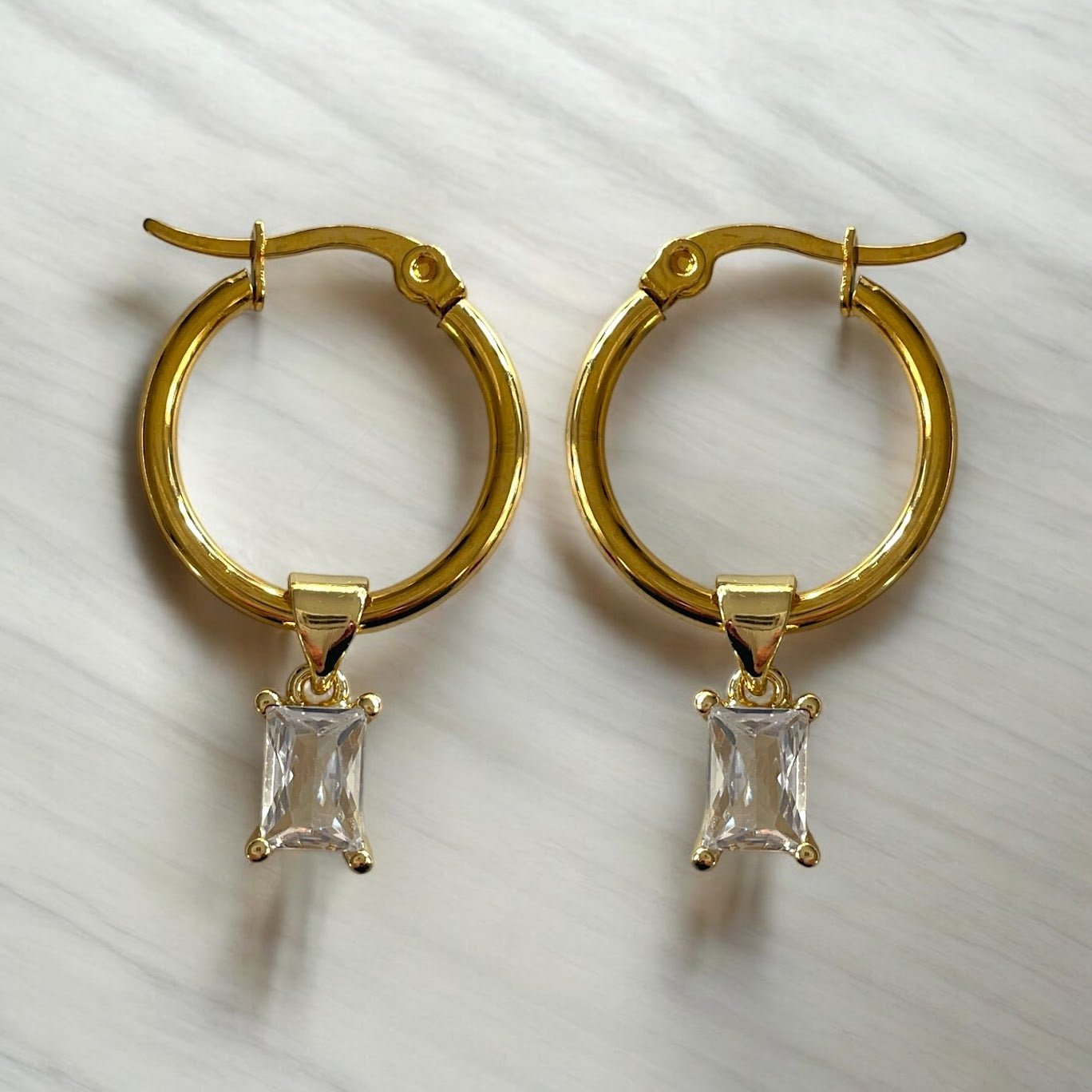 18K Gold Plated Stainless Steel Hoops with Cubic Zirconia Diamond - Baroque Design - lucy andy jewellery