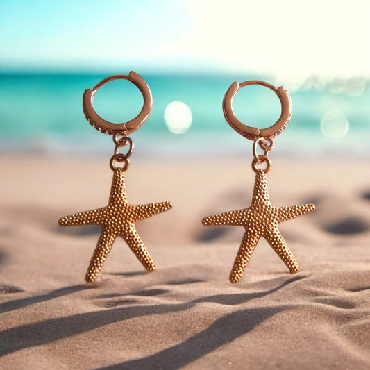 Huggie Earrings with Cubic Zirconia - Stainless Steel Rose Gold Plated with Starfish Design - lucy andy jewellery