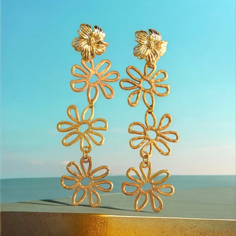 18k Gold - Plated Stainless Steel Dangle Earrings with Handmade Flower Stud - 8cm Hypoallergenic - lucy andy jewellery