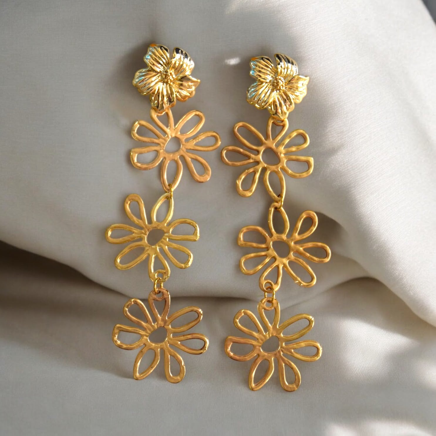 18k Gold - Plated Stainless Steel Dangle Earrings with Handmade Flower Stud - 8cm Hypoallergenic - lucy andy jewellery